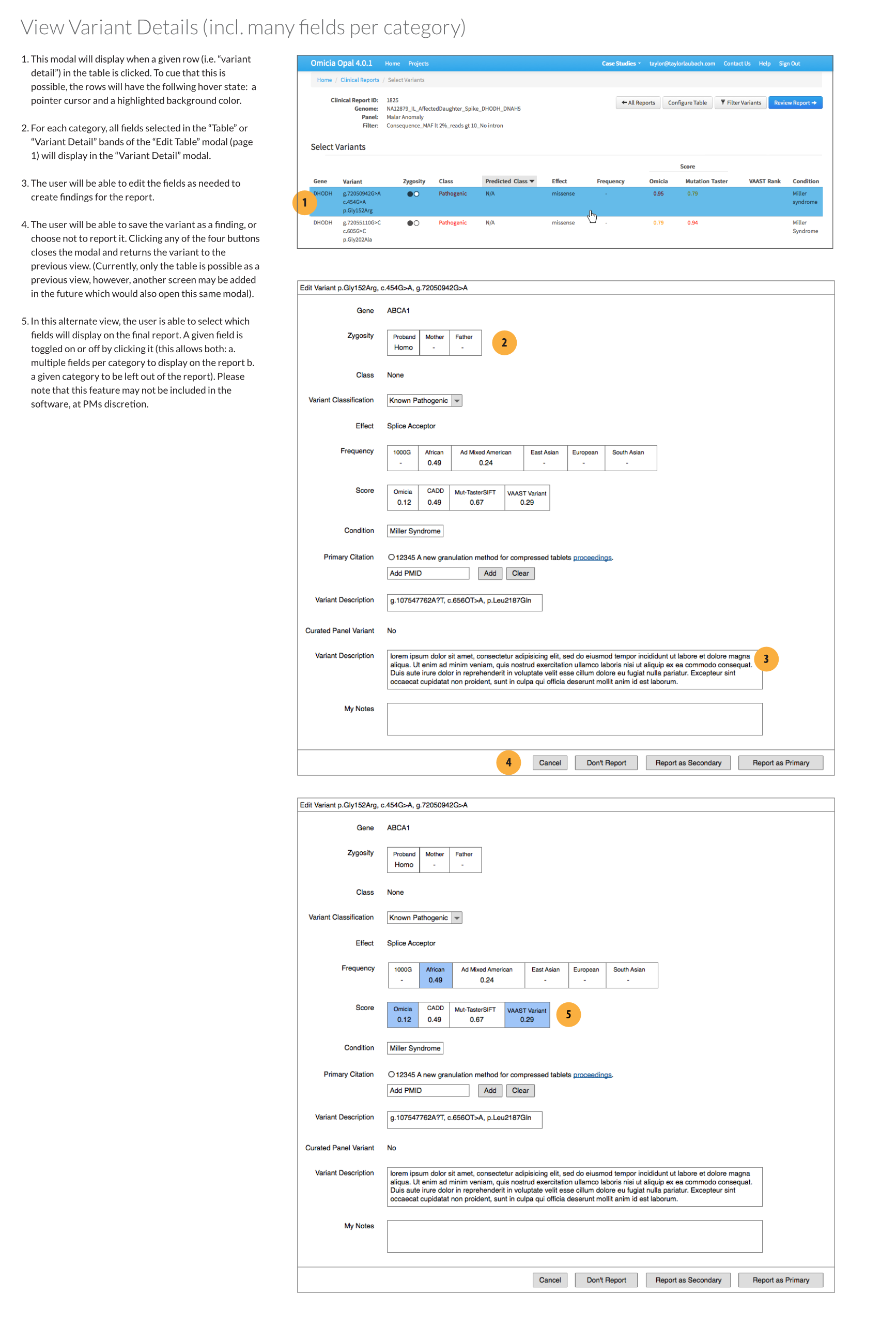 Wireframes for the variant detail view