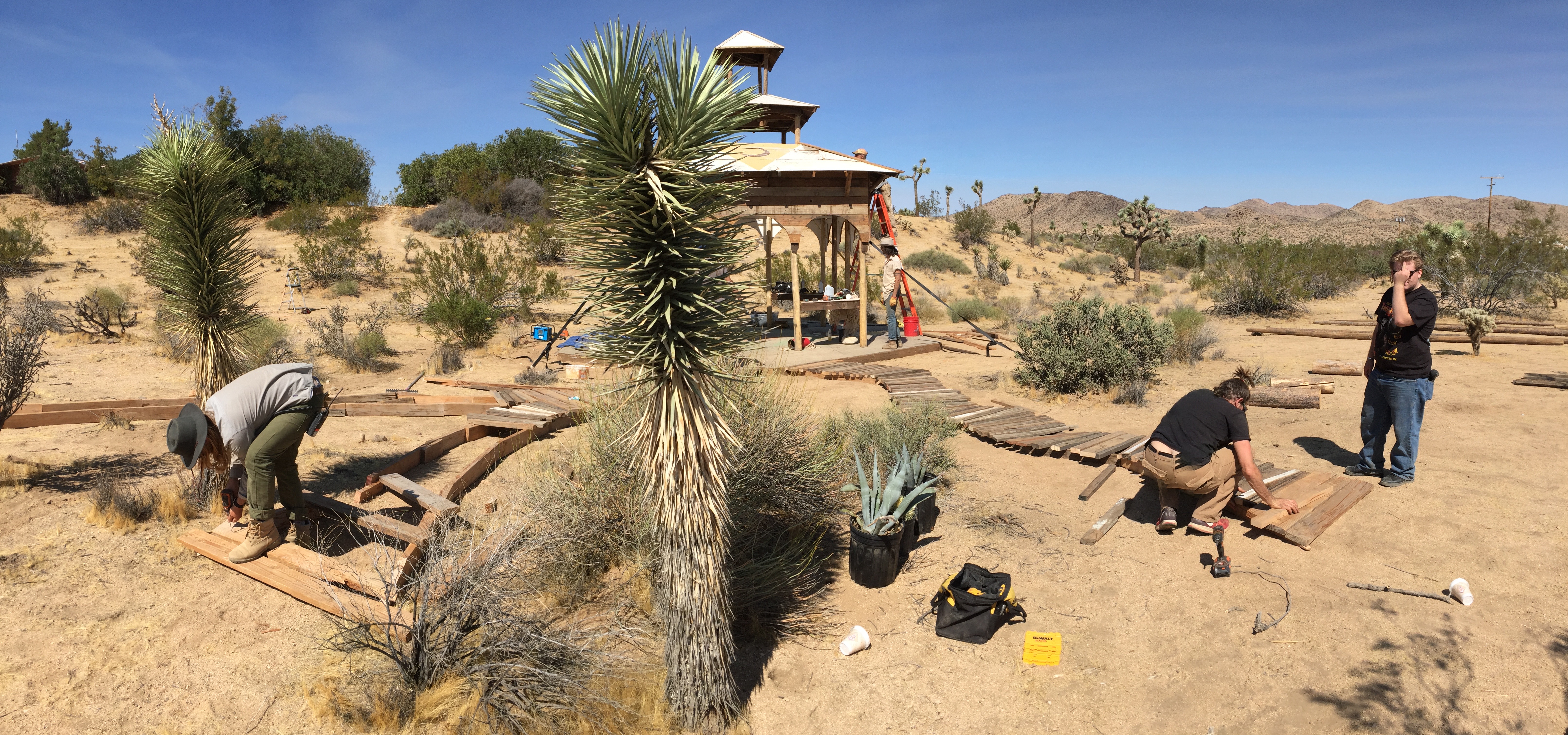 panorama of the team building the boardwalks